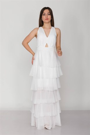 3039 KB Sırtı Çapraz İpli Eteği Katkat Kristal Şifon Uzun Elbise