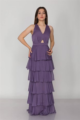 3039 KB Sırtı Çapraz İpli Eteği Katkat Kristal Şifon Uzun Elbise