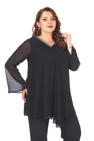 304 Büyük Beden VYaka Patı Taşlı Şifon Tunik