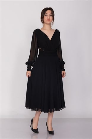 3043 Kruvaze Yaka Bel Sırt Dantel Uzun Kol Şifon Midiboy Elbise