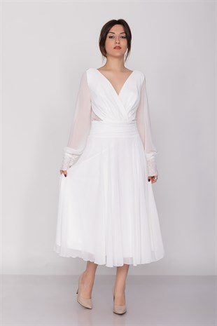 3043 Kruvaze Yaka Bel Sırt Dantel Uzun Kol Şifon Midiboy Elbise