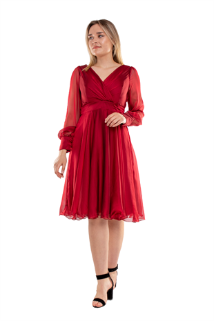 3050 Büyük Beden İpek Saten Kruvaze Yaka Uzun Tül Kol Kısa Kloş Elbise