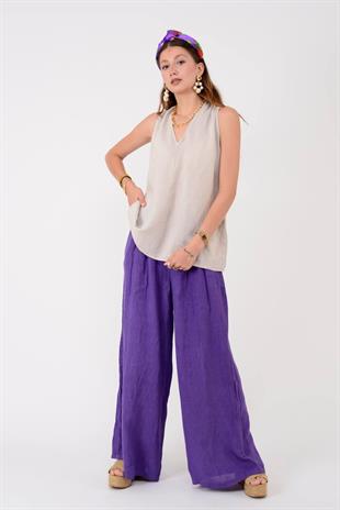 30550 Düz Desen Düğme Detaylı Keten Pantolon