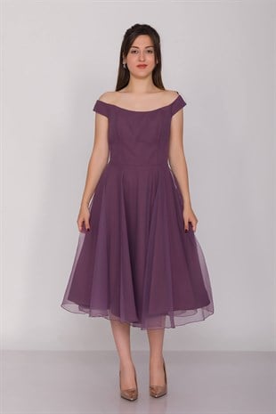 3059 Kayık Yaka Organze Kumaş Midiboy Çan Etek Elbise