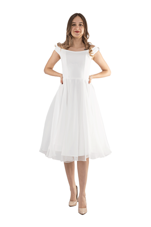 3059 Kayık Yaka Organze Kumaş Midiboy Çan Etek Elbise