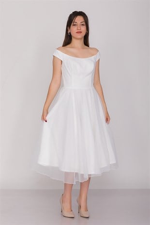 3059 Kayık Yaka Organze Kumaş Midiboy Çan Etek Elbise