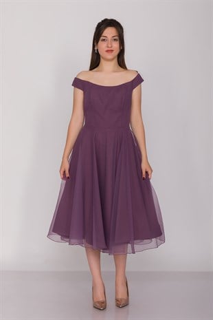 3059 Kayık Yaka Organze Kumaş Midiboy Çan Etek Elbise