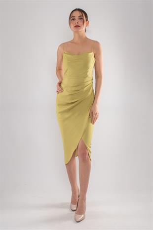 3060 KB İp Askılı Yanı Drape Önü Kapaklı Midiboy Kısa Elbise