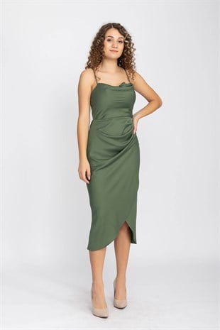 3060 KB İp Askılı Yanı Drape Önü Kapaklı Midiboy Kısa Elbise