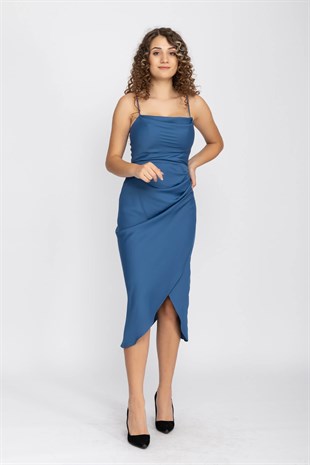 3060 KB İp Askılı Yanı Drape Önü Kapaklı Midiboy Kısa Elbise