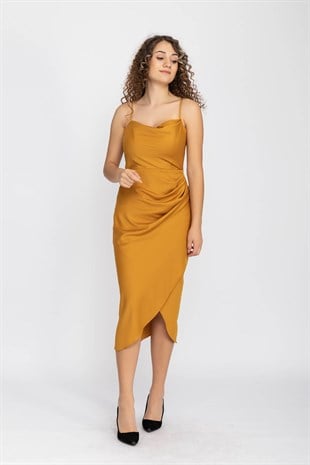 3060 KB İp Askılı Yanı Drape Önü Kapaklı Midiboy Kısa Elbise