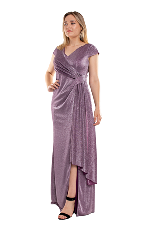 3104 Battal Beden Simli Önü Geçmeli Derin Vyaka Kısa Kol Uzun Elbise