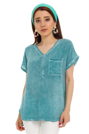 314 Yaka Pullu Yakma Keten Kısa Kol Bluz