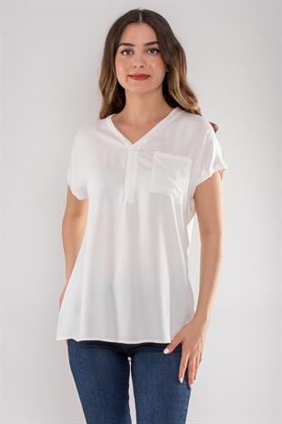 314 Yaka Pullu Yakma Keten Kısa Kol Bluz