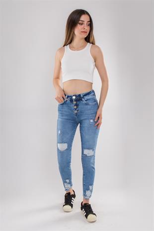 317 4 Düğme Yırtıklı Kot Kadın Pamuklu Pantolon