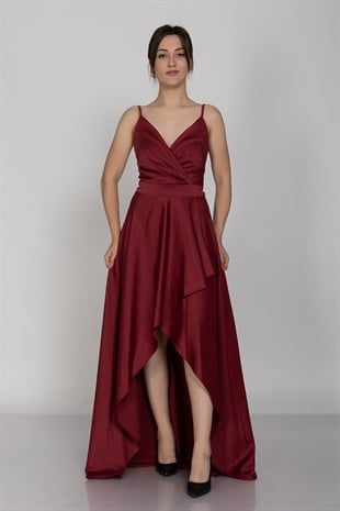 320 Önü Drapeli Asimetrik Kesim İp Askı İpek Saten Uzun Abiye