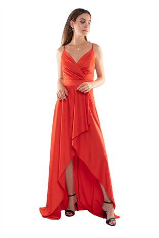 320 Önü Drapeli Asimetrik Kesim İp Askı İpek Saten Uzun Abiye