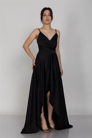 320 Önü Drapeli Asimetrik Kesim İp Askı İpek Saten Uzun Abiye