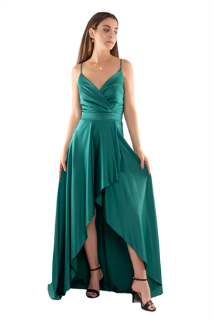 320 Önü Drapeli Asimetrik Kesim İp Askı İpek Saten Uzun Abiye