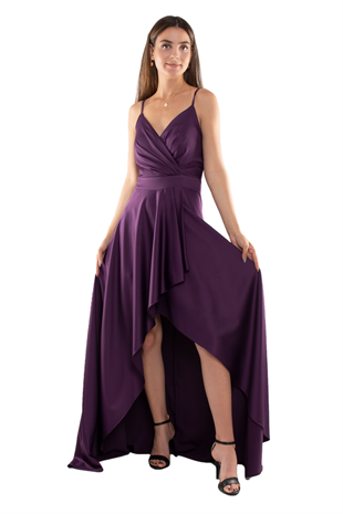 320 Önü Drapeli Asimetrik Kesim İp Askı İpek Saten Uzun Abiye