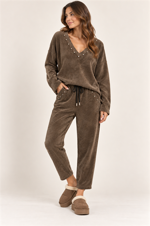 32259 Vyaka Zımba Detaylı Fitilli Sweat Pantolon Kadife Takım