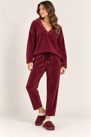 32259 Vyaka Zımba Detaylı Fitilli Sweat Pantolon Kadife Takım