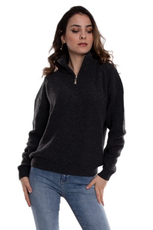 32322 Yarım Balıkçı Yaka Fermuarlı Kadın Triko Kazak