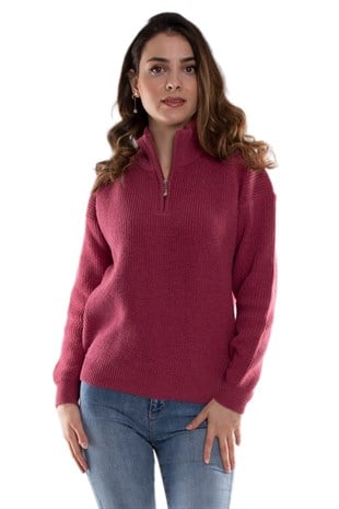 32322 Yarım Balıkçı Yaka Fermuarlı Kadın Triko Kazak