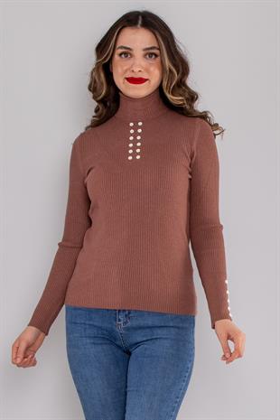 32325 Tam Balıkçı Yaka Kol Düğmeli Triko Kadın Kazak