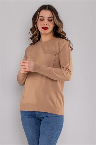 32351 Sıfır Yaka Cepli Düğmeli Triko Kazak