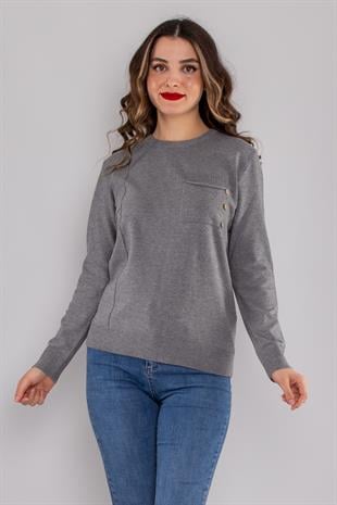 32351 Sıfır Yaka Cepli Düğmeli Triko Kazak