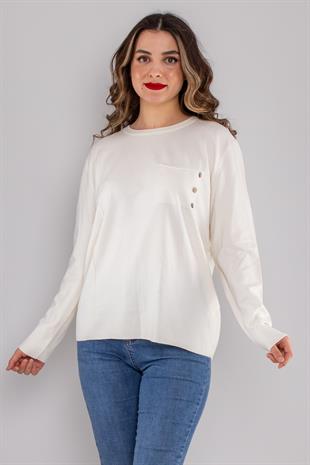 32351 Sıfır Yaka Cepli Düğmeli Triko Kazak