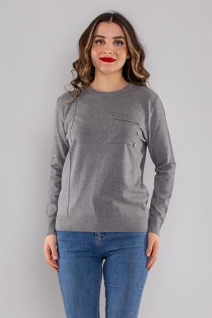 32351 Sıfır Yaka Cepli Düğmeli Triko Kazak