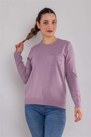 32351 Sıfır Yaka Cepli Düğmeli Triko Kazak