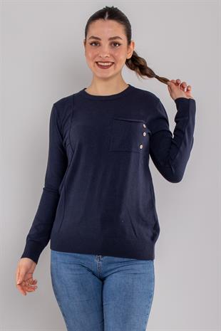 32351 Sıfır Yaka Cepli Düğmeli Triko Kazak