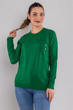 32351 Sıfır Yaka Cepli Düğmeli Triko Kazak