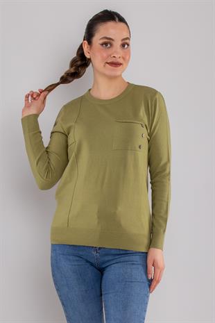 32351 Sıfır Yaka Cepli Düğmeli Triko Kazak