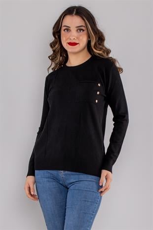 32351 Sıfır Yaka Cepli Düğmeli Triko Kazak