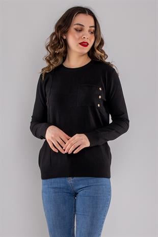 32351 Sıfır Yaka Cepli Düğmeli Triko Kazak