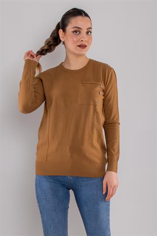 32351 Sıfır Yaka Cepli Düğmeli Triko Kazak