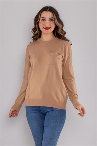 32351 Sıfır Yaka Cepli Düğmeli Triko Kazak