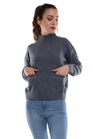 32409 Dik Yaka Cepli Melanj Yünlü Kadın Triko Kazak