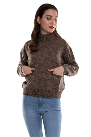 32409 Dik Yaka Cepli Melanj Yünlü Kadın Triko Kazak