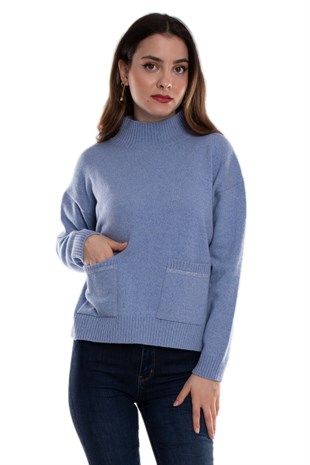 32409 Dik Yaka Cepli Melanj Yünlü Kadın Triko Kazak