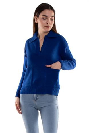 32419 Polo Yaka Cepli Triko Kadın Kazak