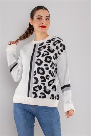 32434 Renkli Leopar Kombinli Triko Kazak
