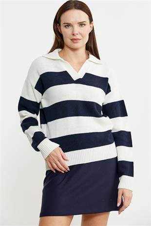 32477 Açık Polo Yaka Çizgili Triko Kazak