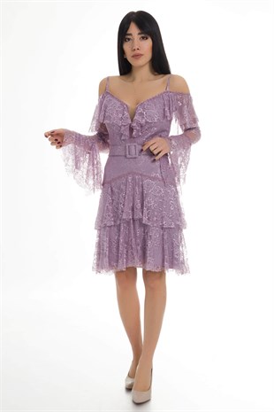 329 KB Beli Kemerli Fırfırlı Dantel Kısa Abiye