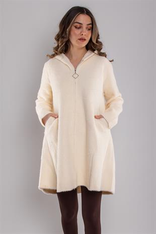 33035 Kapüşonlu Fermuarlı Angora Midiboy Kaban
