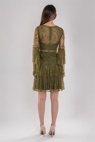 331 Kolları Valonlu Eteği Katlı Kısa Dantel Elbise